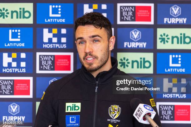 Shane Edwards of the Tigers speaks to the media ahead of his 300th game during a Richmond Tigers AFL media opportunity at Punt Road Oval on July 26,...