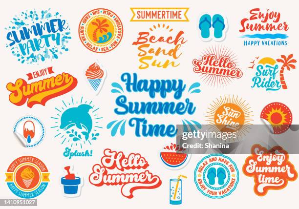 summertime labels and icons collection - summer text stock illustrations