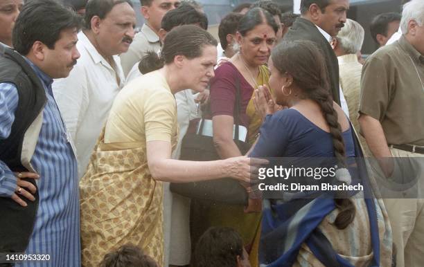 Sonia Gandhi with other party leaders visit riot affected area in Ahmedabad Gujarat India on 8th March 2002.