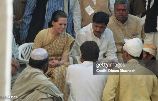 Sonia Gandhi with other party leaders visit riot affected area in Ahmedabad Gujarat India on 8th March 2002.