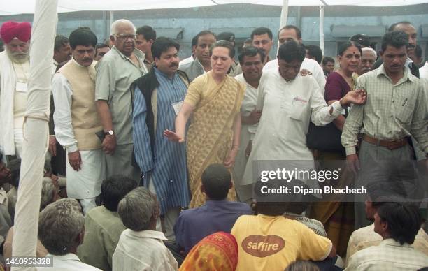 Sonia Gandhi with other party leaders visit riot affected area in Ahmedabad Gujarat India on 8th March 2002.