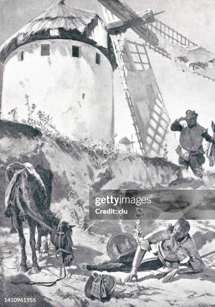 ilustraciones, imágenes clip art, dibujos animados e iconos de stock de don quijote luchando contra el molino de viento - windmill books