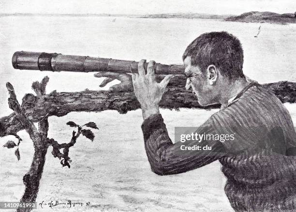researcher looks through a long telescope lying on a branch - man telescope stock illustrations