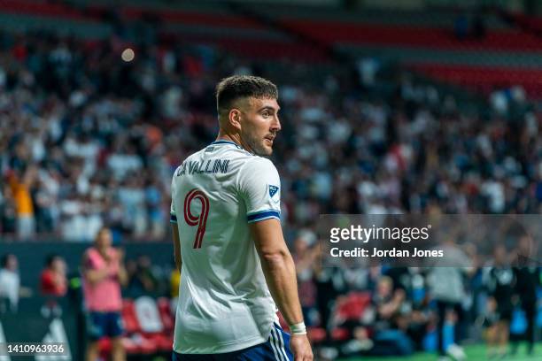 Lucas Cavallini of the Vancouver Whitecaps looks on after scoring a goal during the game between Vancouver Whitecaps and the Chicago Fire FC at BC...