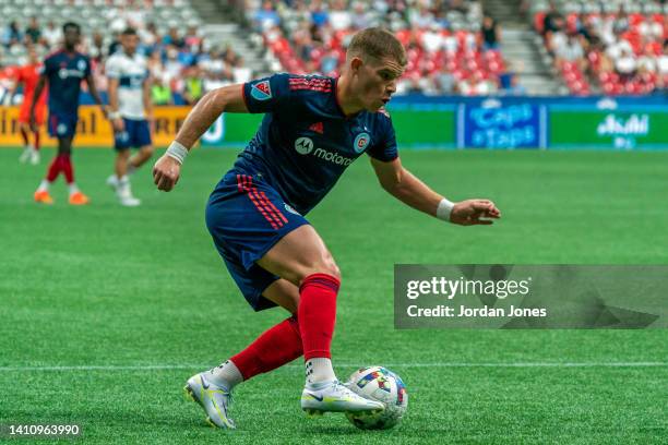 Chris Mueller of the Chicago Fire FC attempts a shot at goal during the game between Vancouver Whitecaps and the Chicago Fire FC at BC Place on July...