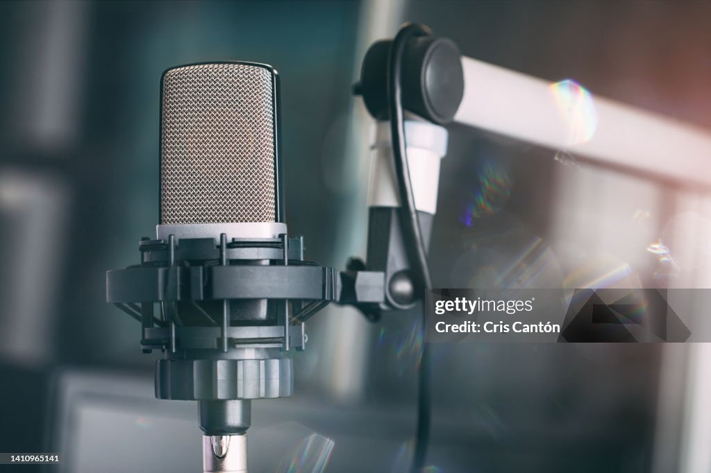 Close up of microphone on radio broadcast studio