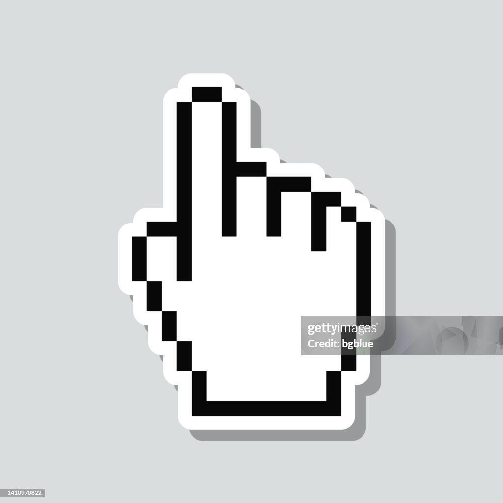 Pixel hand cursor. Icon sticker on gray background