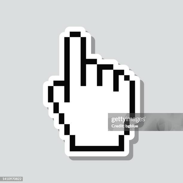 pixel hand cursor. icon sticker on gray background - computer mouse stock illustrations