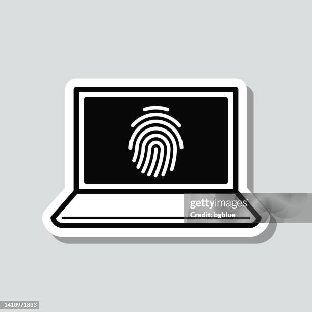 laptop with fingerprint. icon sticker on gray background - barcode scanner light stock illustrations