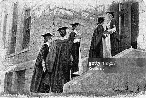 going to the lecture in an american girls' high school - vintage school uniforms stock illustrations
