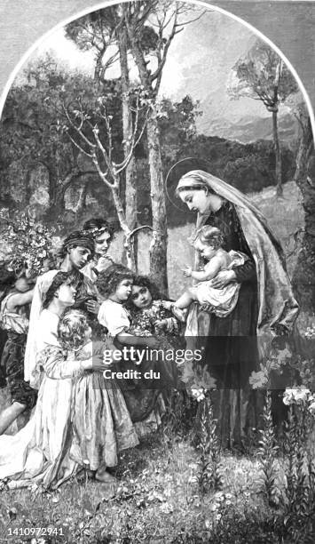 adoration of jesus by the children - religious illustration stock illustrations