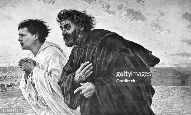 simon peter and john rush to the open tomb of jesus on the morning of the resurrection - st. john stock illustrations