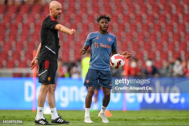 Fred of Manchester United of Manchester United in action while his Manager Erik Ten Hag reacts during their open training session at the Rajamangala...