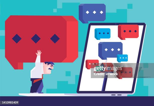 businessman carrying speech bubble and waiting mailbox loading on laptop - slow internet stock illustrations