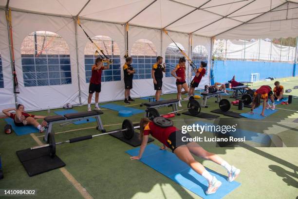 Roma players during a training session at Cascia on July 26, 2022 in Perugia, Italy.