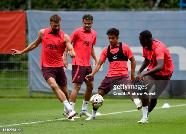 Nathaniel Phillips and Fabio Carvalho of Liverpool during the Liverpool pre-season training camp on July 26, 2022 in UNSPECIFIED, Austria.