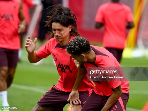 Luis Diaz and Darwin Nunez of Liverpool during the Liverpool pre-season training camp on July 26, 2022 in UNSPECIFIED, Austria.