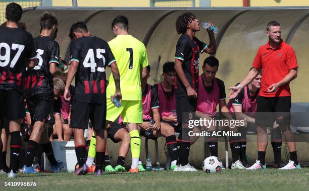 Milan head coach Ignazio Abate issues instructions to his players during the pre-season friendly match between AC Milan U19 and Torres on July 26,...