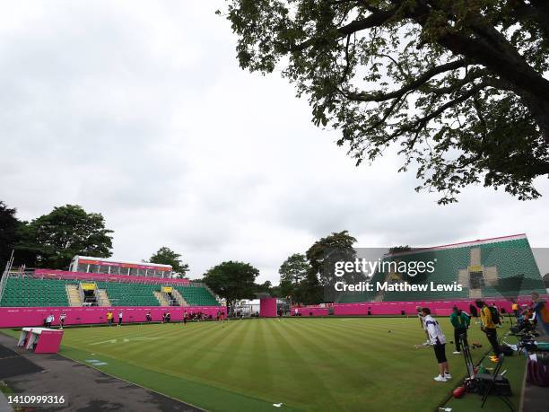 General view of Victoria Park, venue for Lawn bowls as teams practice ahead of the Birmingham 2022 Commonwealth Games at Victoria Park on July 26,...