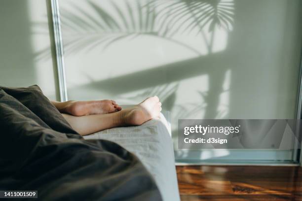 low section of young woman sleeping in bed, with bare feet under the blanket in bedroom. sunlight shining through window with the silhouette of palm tree on a beautiful sunny morning - woman bedroom sleeping bildbanksfoton och bilder