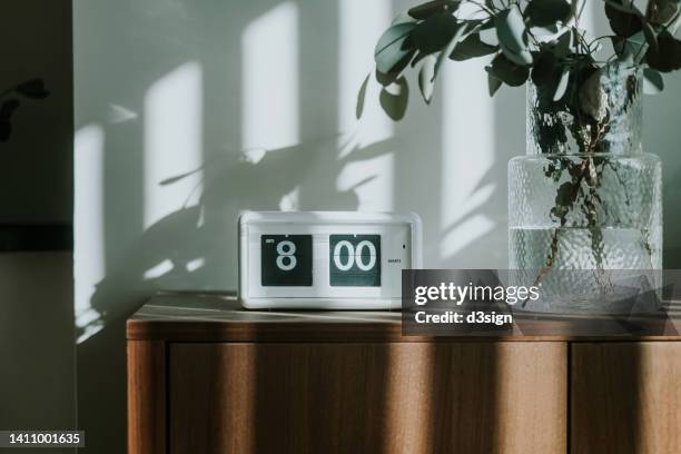 a white digital flip clock shows eight o'clock on a brown wooden cabinet next to fresh eucalyptus plant in the living room, with sunbeam shining through the window on a fresh beautiful morning. a brand new day, fresh start, fresh energy, new opportunities - awake day stock-fotos und bilder