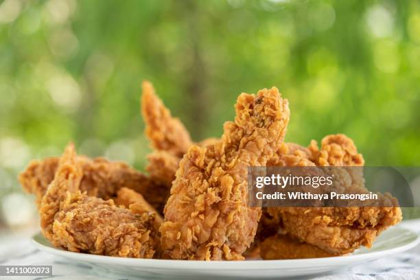 delicious homemade oven baked fried chicken on a white plate, side view. closeup. - gefrituurde kip stockfoto's en -beelden