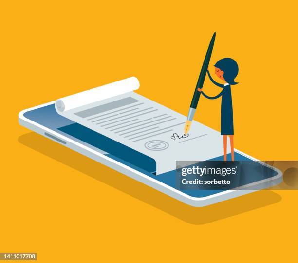 businesswoman - digital signature - notary stock illustrations