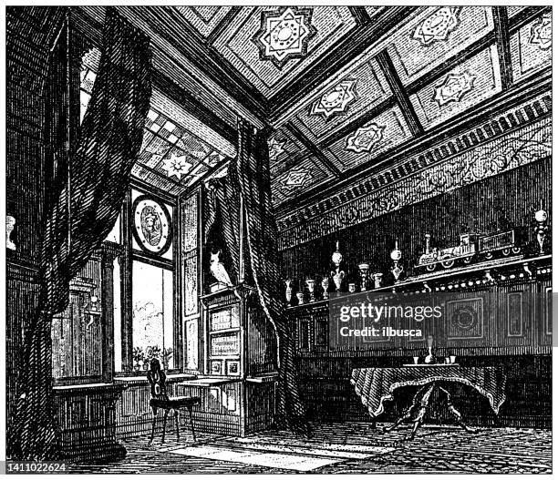 antique illustration: constructions and architecture: study room in villa ravené, berlin - old library interior stock illustrations