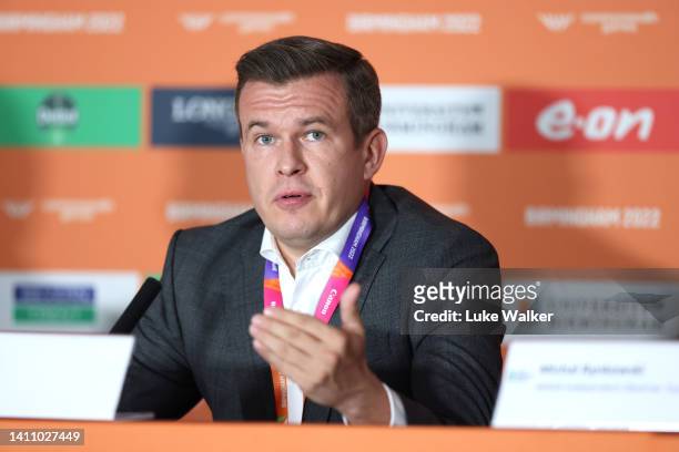 President Witold Bańka talks to the media during a Commonwealth Games Federation and World Anti-Doping Agency Media Conference ahead of the...