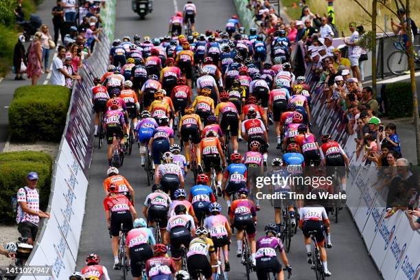 General view of the peloton beginning to climb the Côte de Mutigny during the 1st Tour de France Femmes 2022, Stage 3 a 133,6km stage from Reims to...