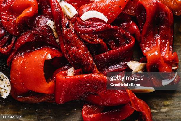 roasted red pepper salad in glass bowl - marinated stock pictures, royalty-free photos & images