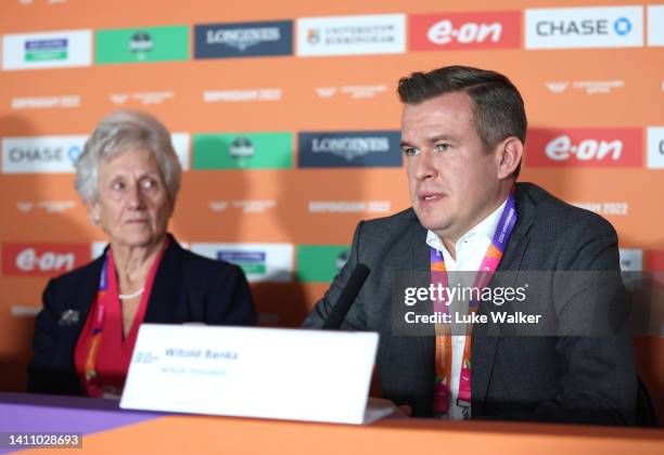 President Witold Bańka and CGF President Dame Louise Martin DBE talks to the media during a Commonwealth Games Federation and World Anti-Doping...