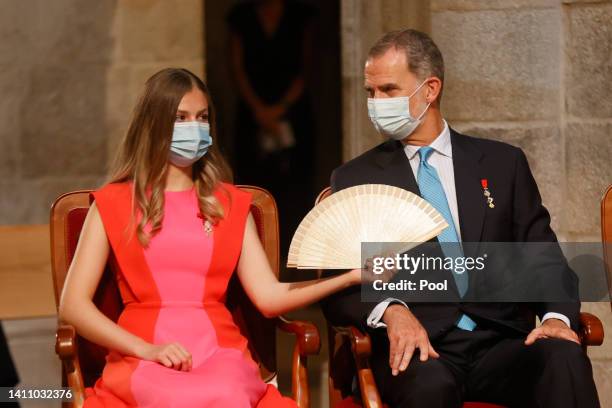Princess Leonor and King Felipe of Spain are seen during the offering to the apostle Santiago on Santiago's regional festivity at Santiago's...