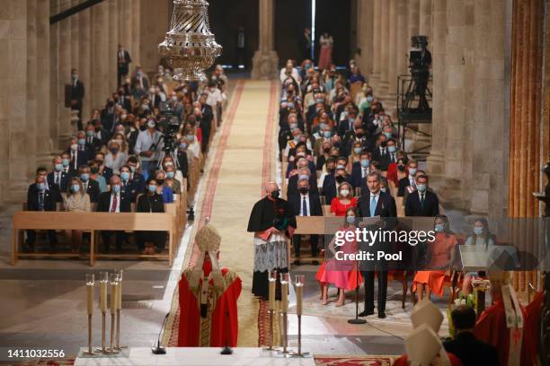 Princess Leonor, King Felipe, Queen Letizia and Princess Sofia are seen during the offering to the apostle Santiago on Santiago's regional festivity...