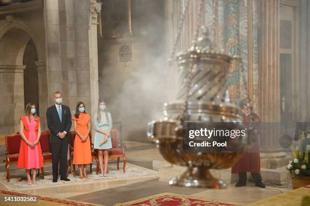 Princess Leonor, King Felipe, Queen Letizia and Princess Sofia are seen during the offering to the apostle Santiago on Santiago's regional festivity...