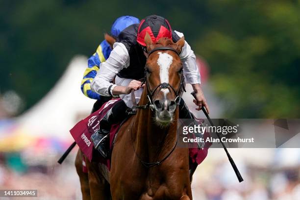 Ryan Moore riding Kyprios win The Al Shaqab Goodwood Cup Stakes during day one of the Qatar Goodwood Festival at Goodwood Racecourse on July 26, 2022...