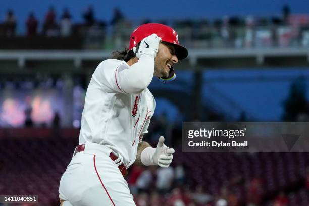 Jonathan India of the Cincinnati Reds rounds the bases after hitting a grand slam in the fifth inning against the Miami Marlins at Great American...