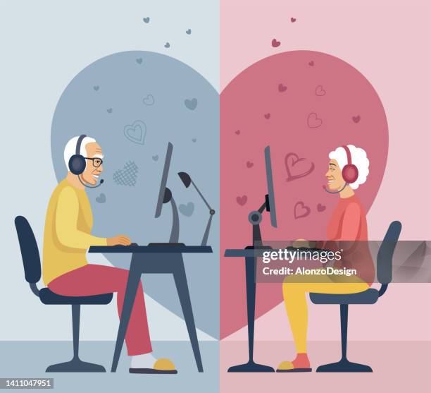 elderly couple. online dating. - lonely hearts stock illustrations