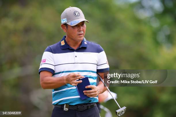 Hideto Tanihara is seen during a practice round prior to the LIV Golf Invitational - Bedminster at Trump National Golf Club Bedminster on July 26,...