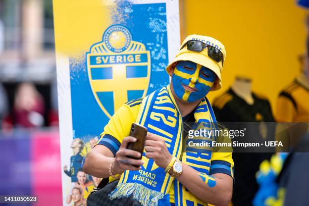 A Sweden supporter at the Fan Festival in Devonshire Green on July 26, 2022 in Sheffield, England.
