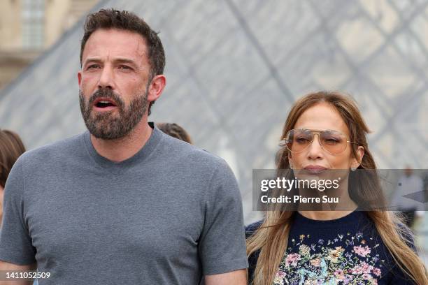 Jennifer Lopez and Ben Affleck are seen at the Louvre Museum on July 26, 2022 in Paris, France.