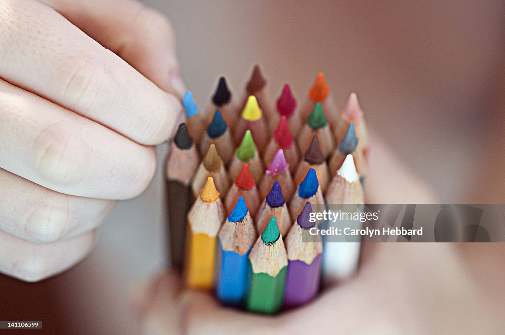Child's hand holding coloured pencils