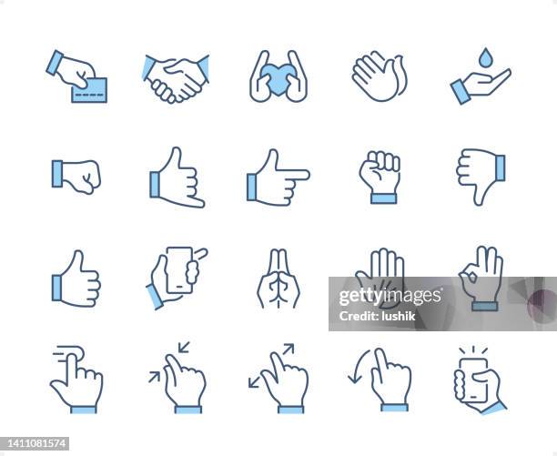 hand gestures icon set. editable stroke weight. pixel perfect dichromatic icons. - gesturing 幅插畫檔、美工圖案、卡通及圖標
