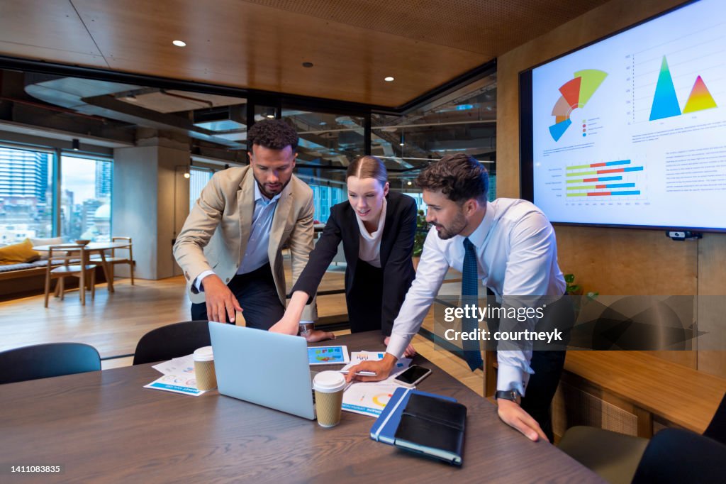 Business people working on a laptop computer in a modern office.