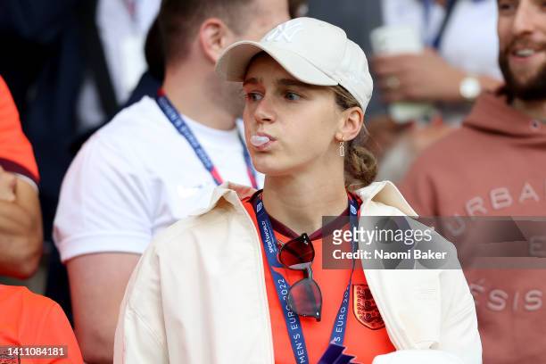Viv Miedema of Arsenal and the Netherlands, looks on as they watch the match from the stand during the UEFA Women's Euro 2022 Semi Final match...