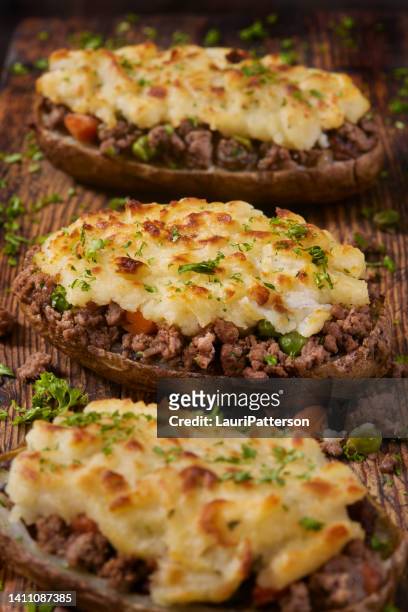 twice baked potato shepherd's pie - stuffed potato stock pictures, royalty-free photos & images