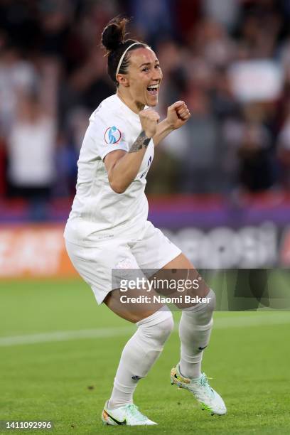 Lucy Bronze of England celebrates scoring their side's second goal during the UEFA Women's Euro 2022 Semi Final match between England and Sweden at...