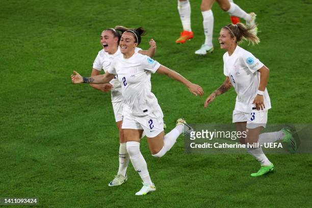 Lucy Bronze celebrates with Georgia Stanway and Rachel Daly of England after scoring their team's second goal during the UEFA Women's Euro 2022 Semi...