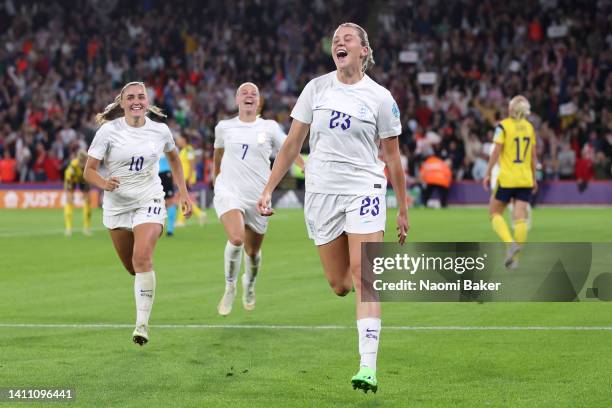 Alessia Russo of England celebrates after scoring their team's third goal during the UEFA Women's Euro 2022 Semi Final match between England and...