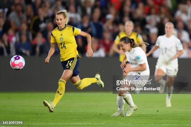 Fran Kirby of England scores their team's fourth goal during the UEFA Women's Euro 2022 Semi Final match between England and Sweden at Bramall Lane...